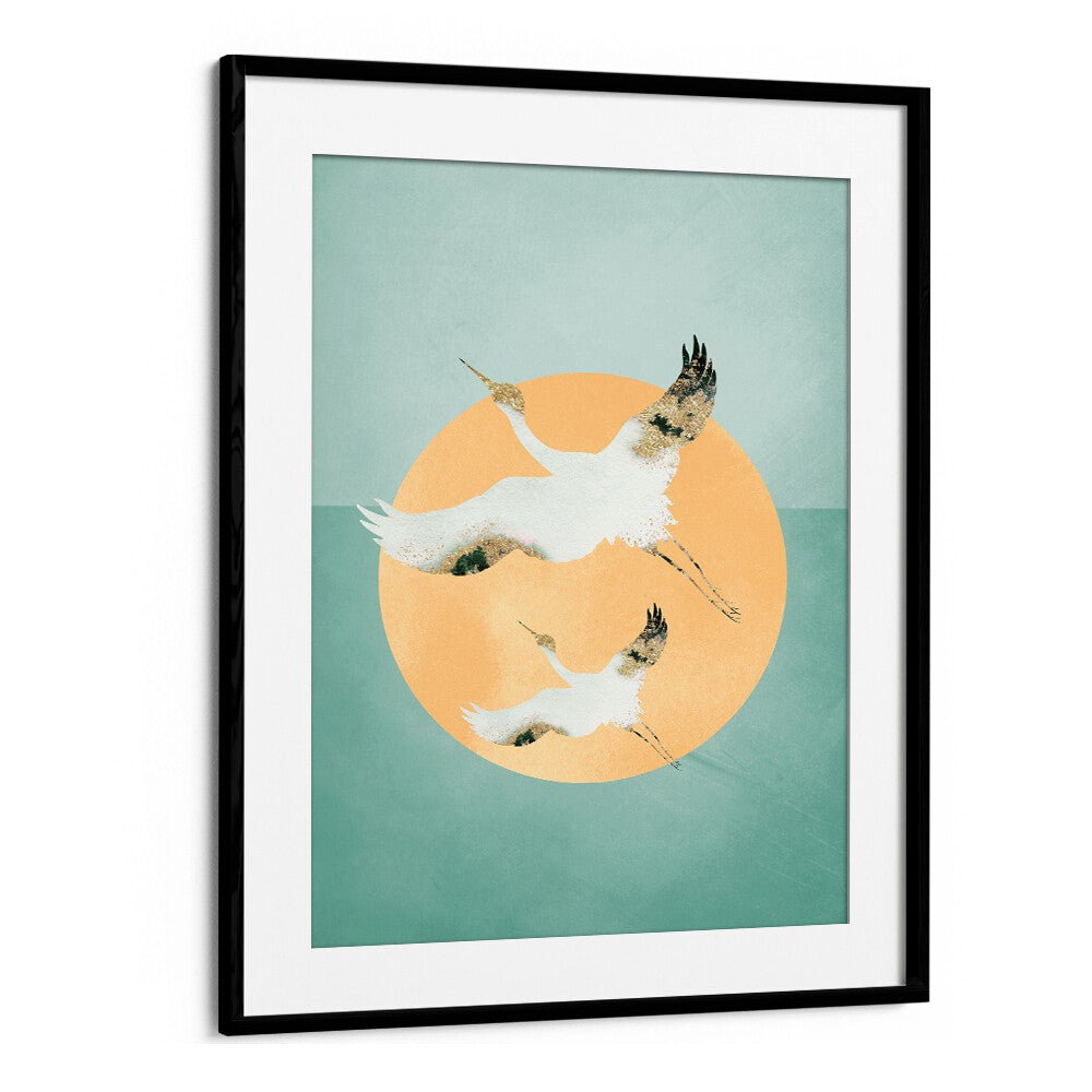 Mint Green Sun A Cranes By Aureous Wildlife Art Prints in Black Frame With Mount