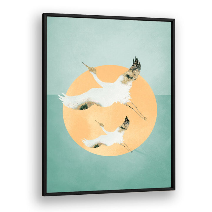 Mint Green Sun A Cranes By Aureous Wildlife Art Prints in Black Plain Frame