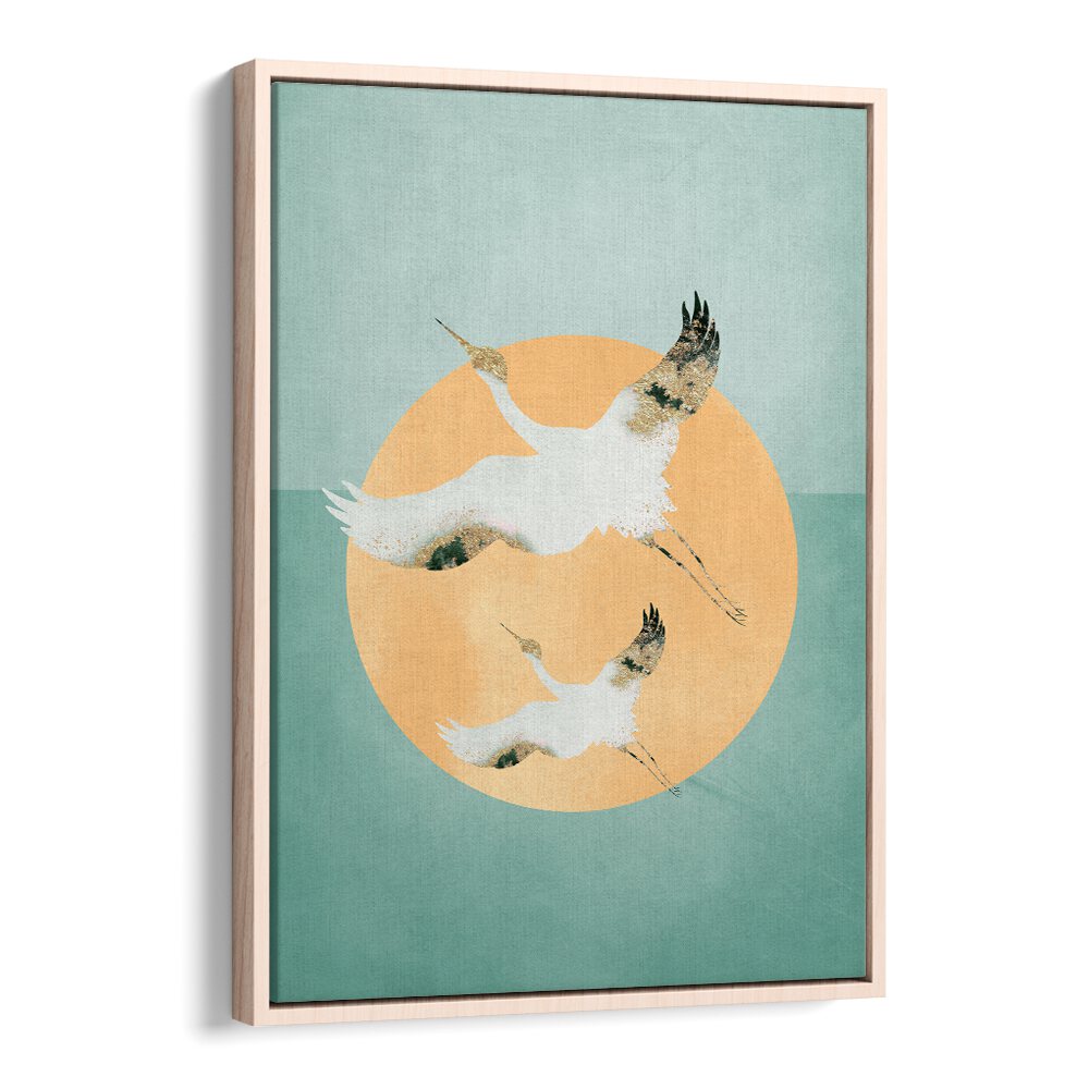 Mint Green Sun A Cranes By Aureous Wildlife Art Prints in Oak Wood Floater Frame