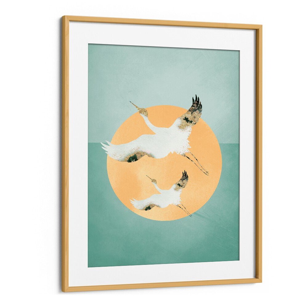 Mint Green Sun A Cranes By Aureous Wildlife Art Prints in Oak Wood Frame With Mount