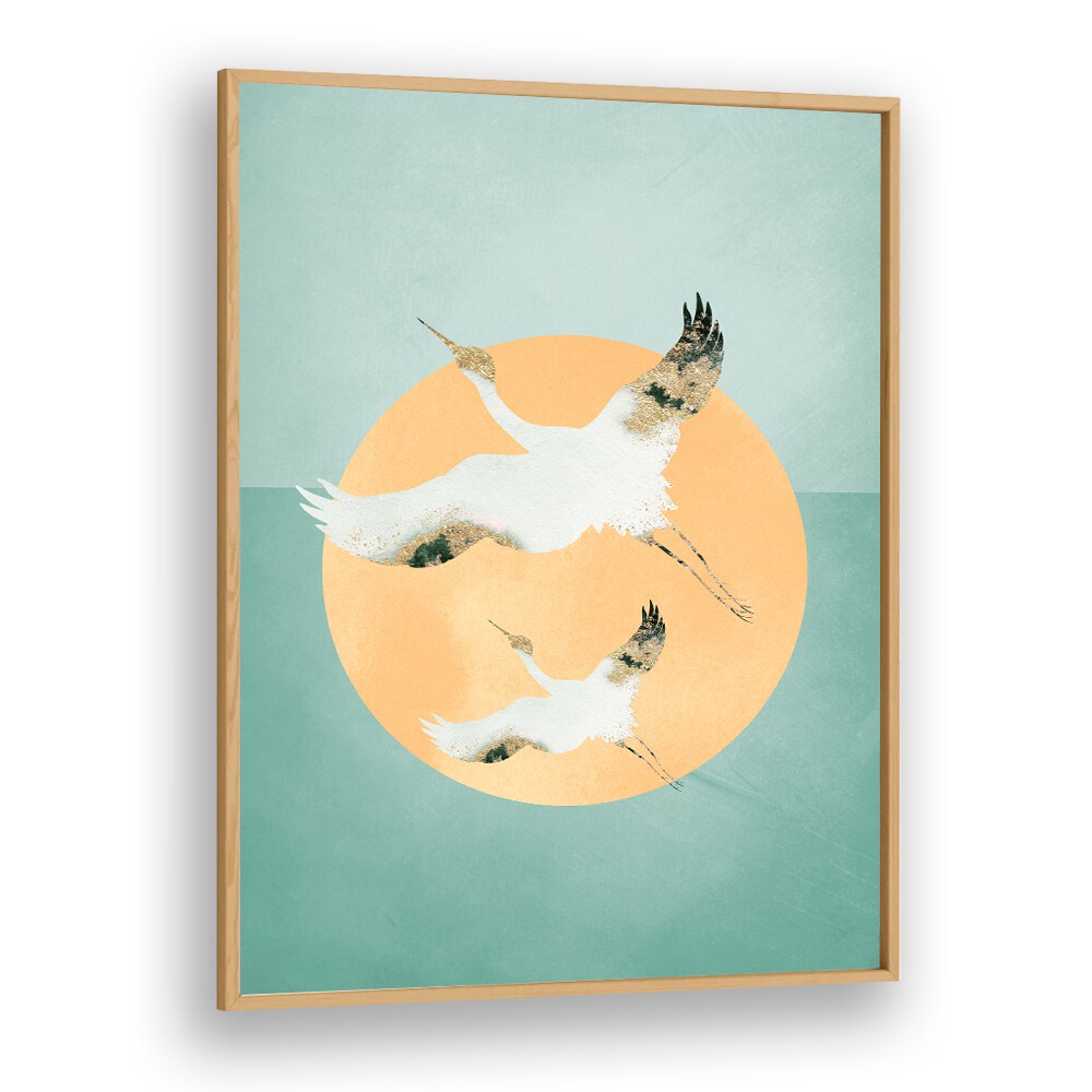 Mint Green Sun A Cranes By Aureous Wildlife Art Prints in Oak Wood Plain Frame