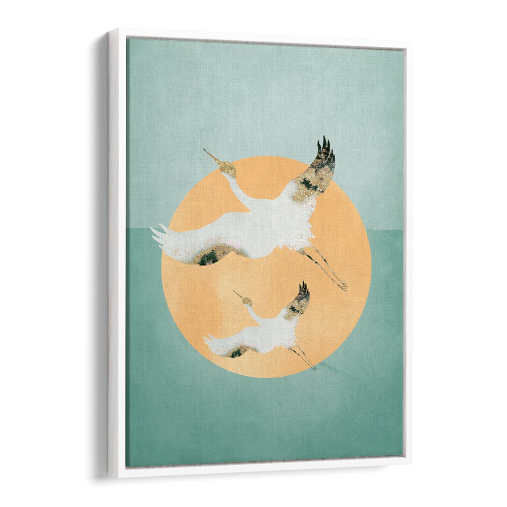 Mint Green Sun A Cranes By Aureous Wildlife Art Prints in White Floater Frame