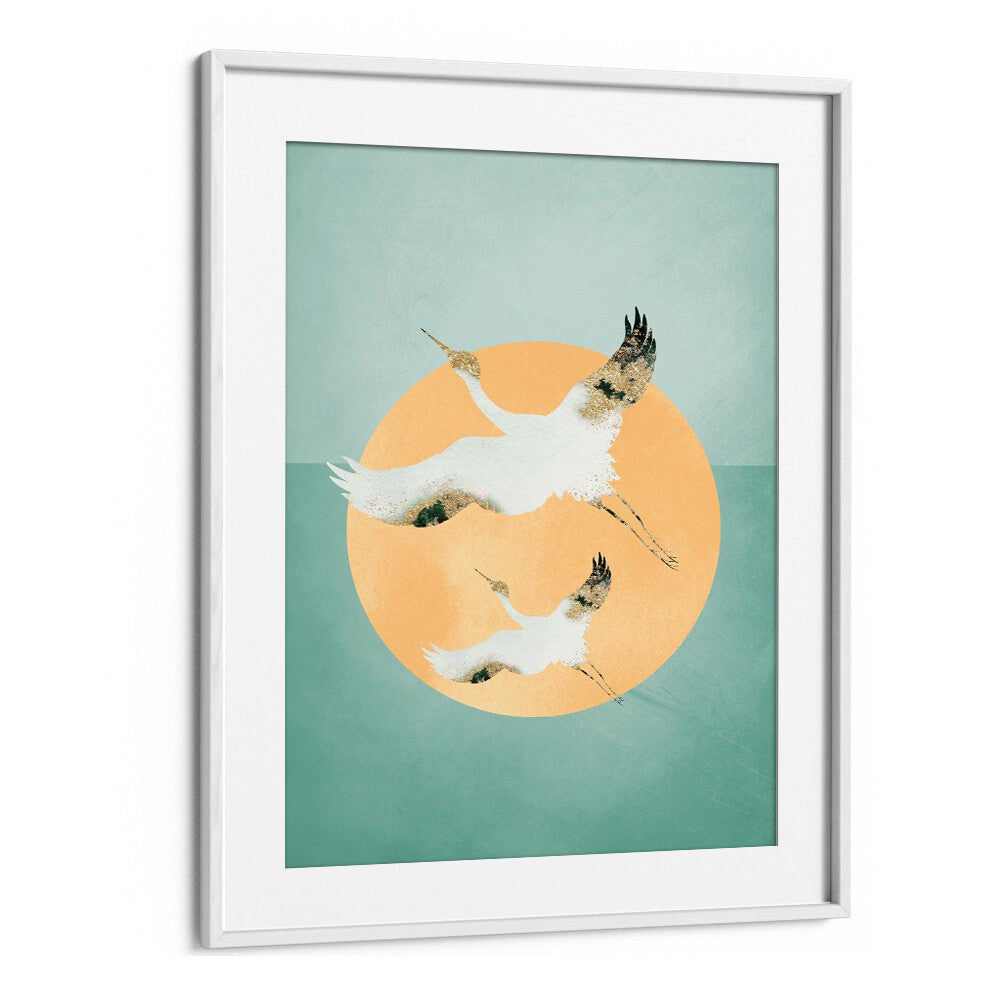 Mint Green Sun A Cranes By Aureous Wildlife Art Prints in White Frame With Mount