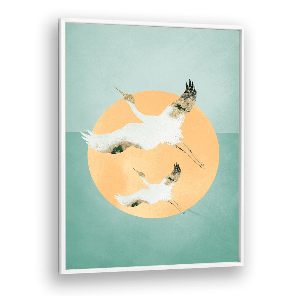 Mint Green Sun A Cranes By Aureous Wildlife Art Prints in White Plain Frame