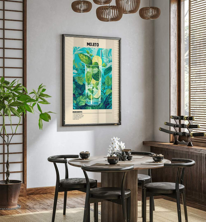 Minty Fresh Moments Mojito Cafe Art Prints Cafe Posters in Black Plain Frame placed on a wall in a dining room area beside a window and behind a dining table