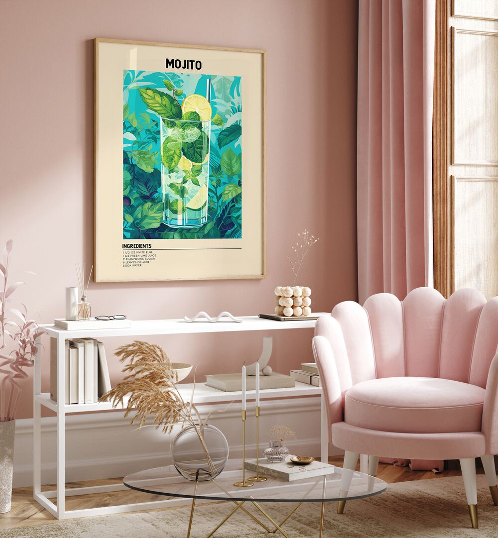 Minty Fresh Moments Mojito Cafe Art Prints Cafe Posters in Oak Wood Plain Frame placed on a wall behind a table