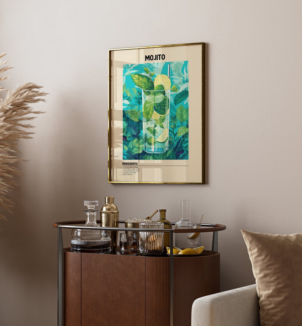 Minty Fresh Moments Mojito Cafe Art Prints Cafe Posters in Gold Plain Frame placed on a wall behind a table