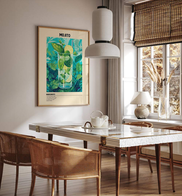 Minty Fresh Moments Mojito Cafe Art Prints Cafe Posters in Oak Wood Plain Frame placed on a wall in a dining room area beside a window and behind a dining table