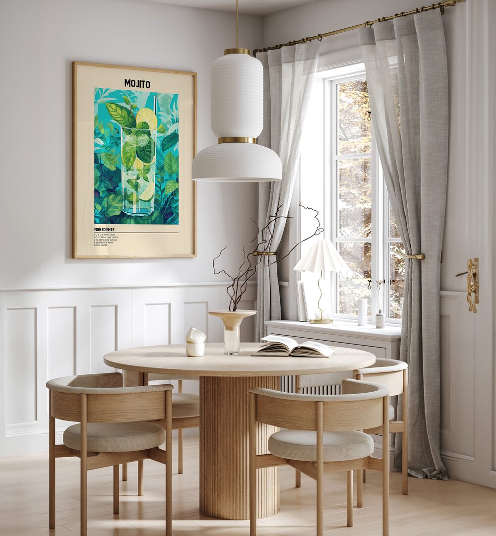 Minty Fresh Moments Mojito Cafe Art Prints Cafe Posters in Oak Wood Plain Frame placed on a wall in a dining room area beside a window and behind a dining table