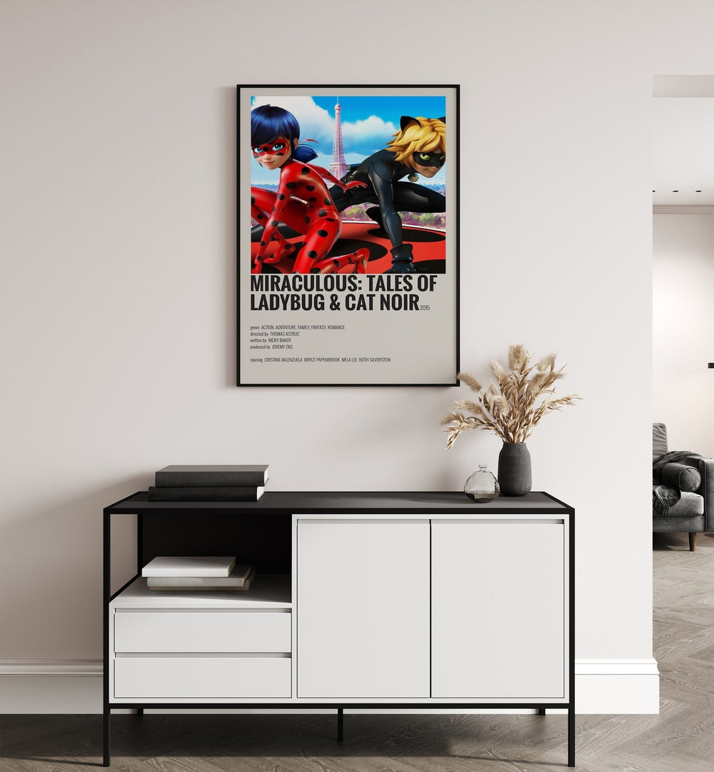 Miraculous tales Of Ladybug Cat Noir Movie Posters in Black Plain Frame hanging on wall above console table