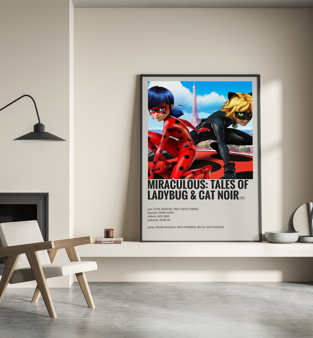 Miraculous tales Of Ladybug Cat Noir Movie Posters in Black Plain Frame place on a wall behind a chair beside lamp