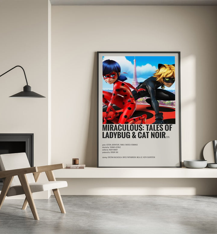 Miraculous tales Of Ladybug Cat Noir Movie Posters in Black Plain Frame place on a wall behind a chair beside lamp