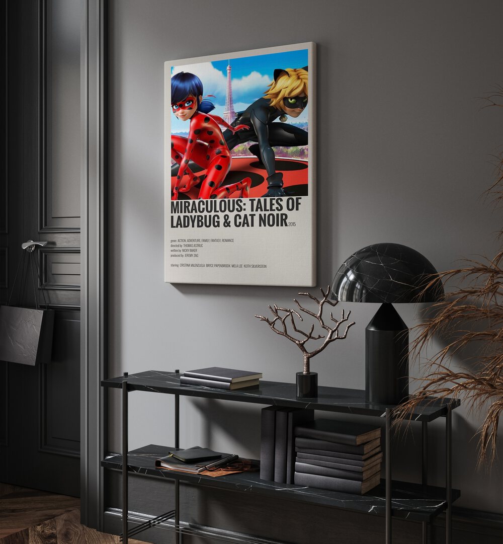 Miraculous tales Of Ladybug Cat Noir Movie Posters in Gallery Wrap hanging on wall above console table beside door and window