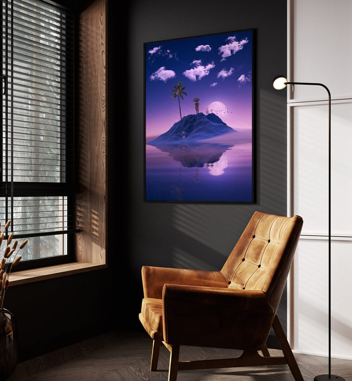 Mirroring By Ritvik Takkar Surreal Art Prints in Black Plain Frame placed on a Dark Grey Colored Wall in the Drawing Room