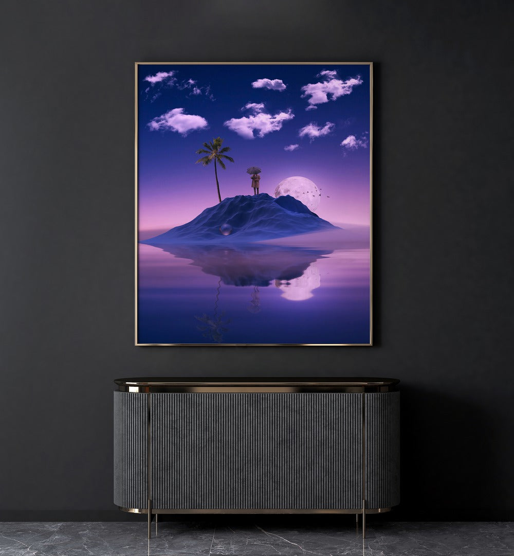 Mirroring By Ritvik Takkar Surreal Art Prints in Gold Plain Frame placed on a Dark Grey Colored Wall above a Console Table in the Drawing Room