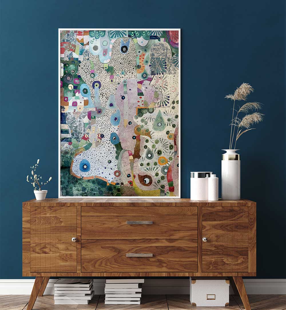 Framed MIRRORS AND SPACE , ABSTRACT PAINTINGS above walnut console against teal wall with vases and dried grasses