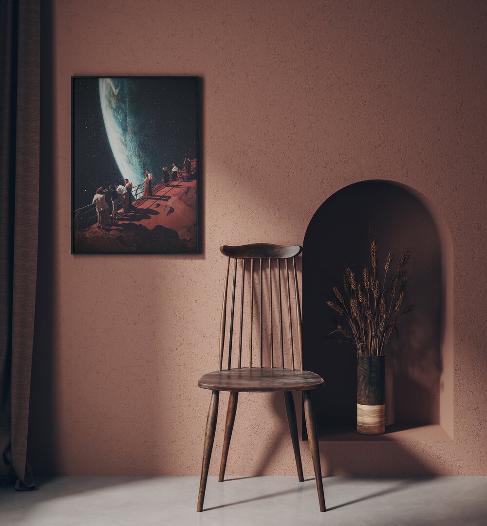 Missing the Ones We Left Behind By Frank Moth Surreal Art Prints Surrealism in Black Plain Frame placed on a wall beside a chair