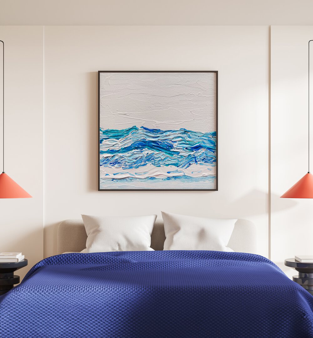 Misty Morning By Key And Sea Creative Art Print in Black Plain Frame behind a bed for bedroom