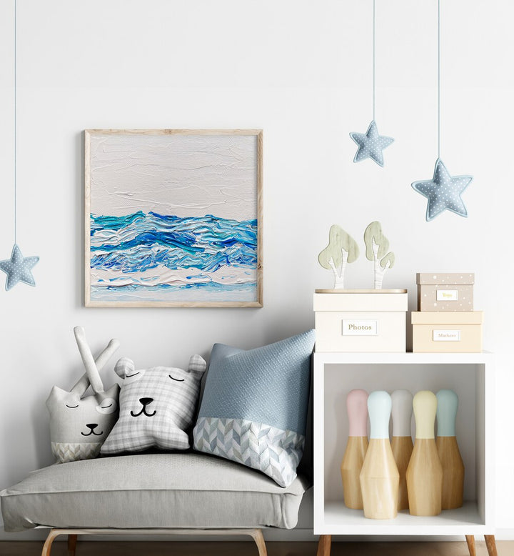 Misty Morning By Key And Sea Creative Art Print in Oak Wood Plain Frame above a ottoman sofa for kids room