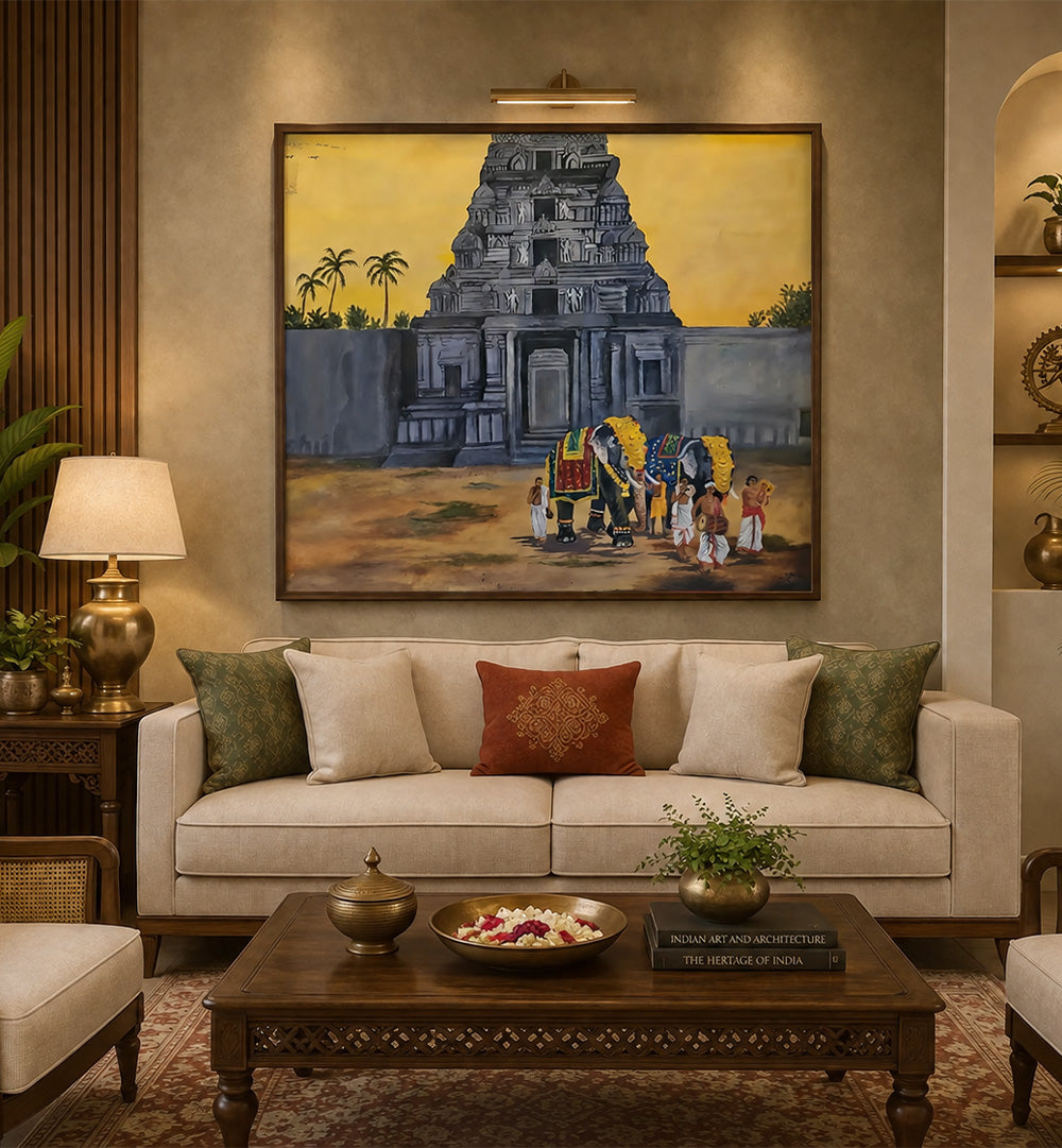 Living room with a large painting of a temple on the wall above a beige sofa.