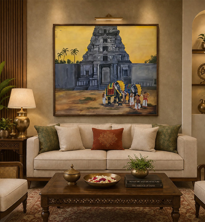 Living room with a large painting of a temple on the wall above a beige sofa.