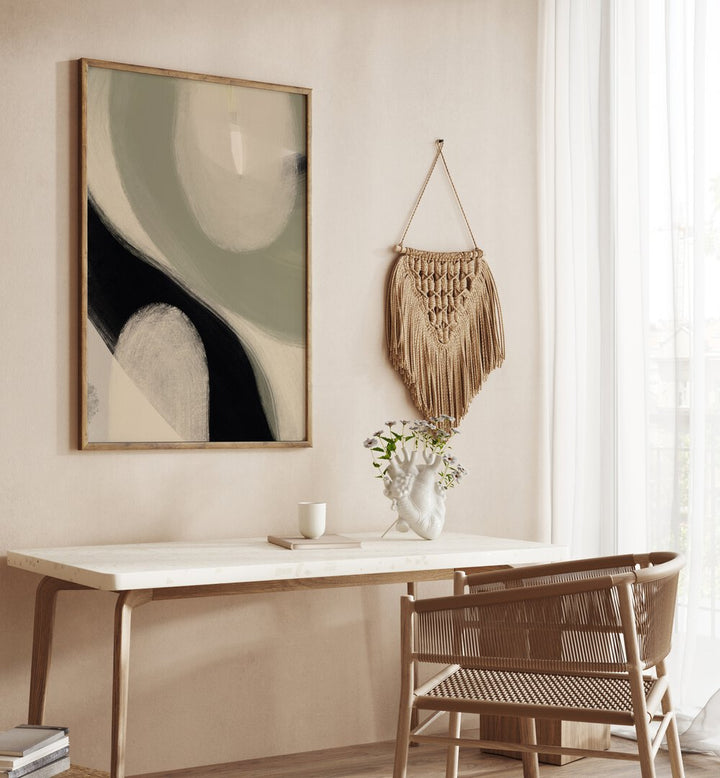 Modern Abstract I by Yopie Studio Abstract Paintings Abstract Art Prints in Oak Wood Plain Frame placed on a wall behind a table 