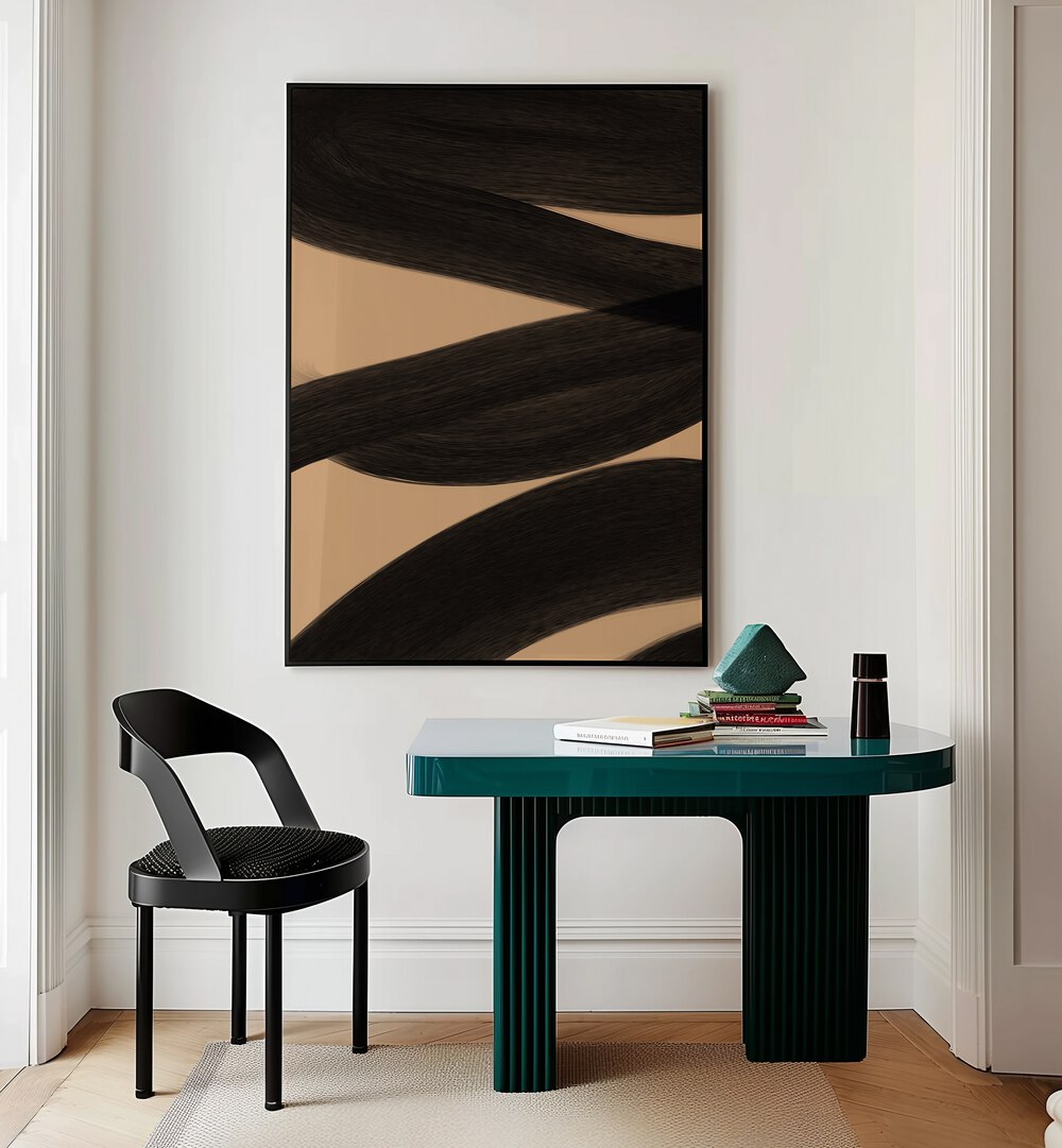 Modern Abstract ii by Yopie Studio Abstract Paintings Abstract Art Prints in Black Plain Frame placed on a wall behind a study table