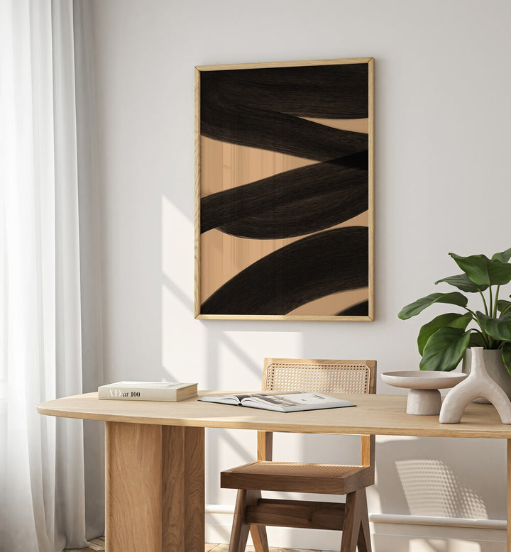 Modern Abstract ii by Yopie Studio Abstract Paintings Abstract Art Prints in Oak Wood Plain Frame placed on a wall beside a window and behind a study table