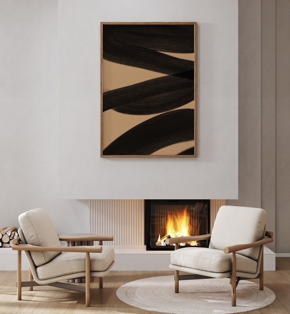 Modern Abstract ii by Yopie Studio Abstract Paintings Abstract Art Prints in Oak Wood Plain Frame placed on a wall above a hearth behind chairs