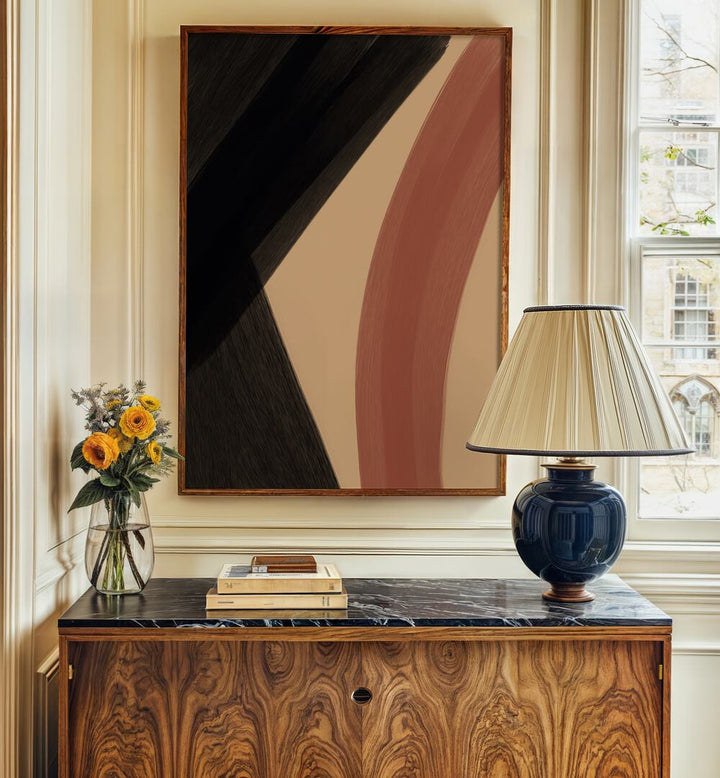 Modern Abstract iii by Yopie Studio Abstract Paintings Abstract Art Prints in Dark Wood Plain Frame placed on a wall beside a window and behind a table