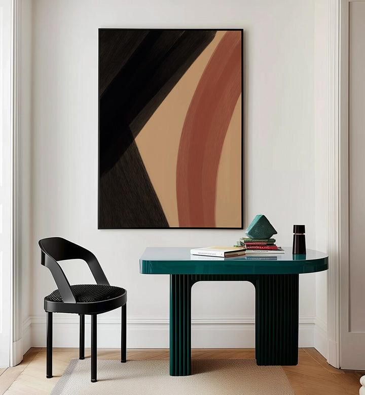 Modern Abstract iii by Yopie Studio Abstract Paintings Abstract Art Prints in Black Plain Frame placed on a wall behind a study table