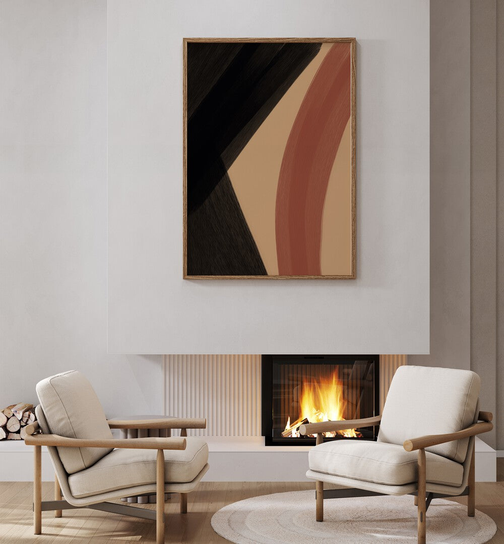 Modern Abstract iii by Yopie Studio Abstract Paintings Abstract Art Prints in Oak Wood Plain Frame placed on a wall above a hearth behind chairs