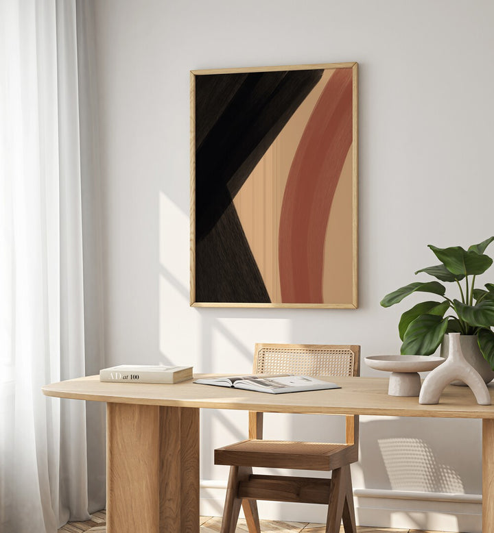 Modern Abstract iii by Yopie Studio Abstract Paintings Abstract Art Prints in Oak Wood Plain Frame placed on a wall beside a window and behind a study table