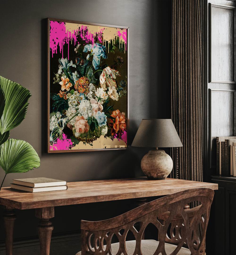 Modern Composition by the Art Concept Altered Art Prints in Dark Wood Plain Frame placed on a wall above a study table