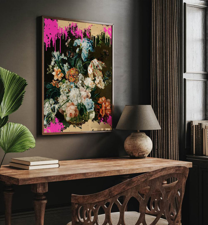 Modern Composition by the Art Concept Altered Art Prints in Dark Wood Plain Frame placed on a wall above a study table