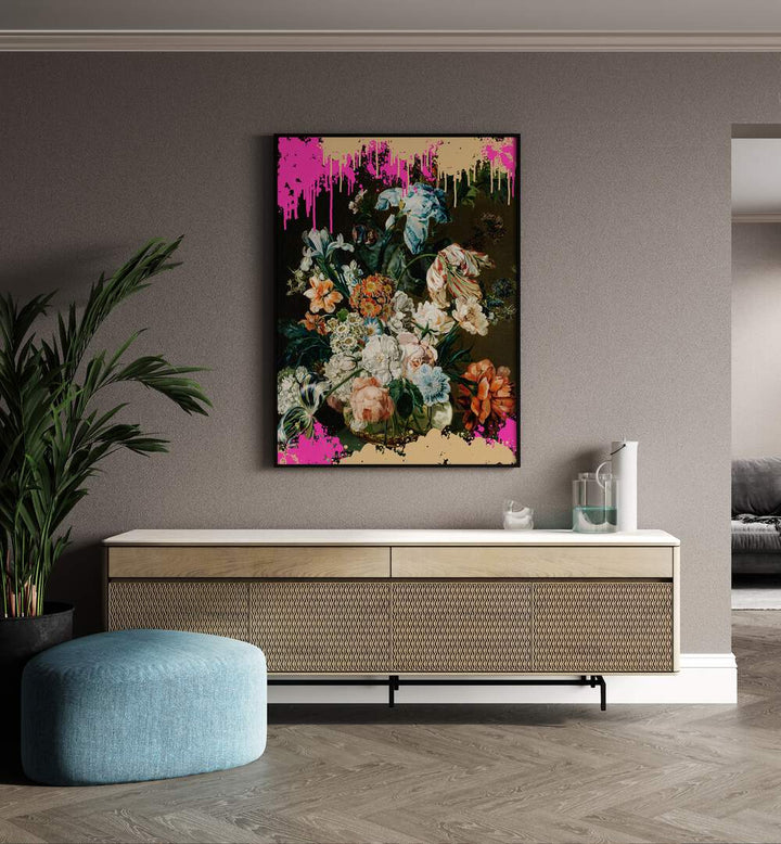 Modern Composition by the Art Concept Altered Art Prints in Black Plain Frame placed on a wall behind a console table