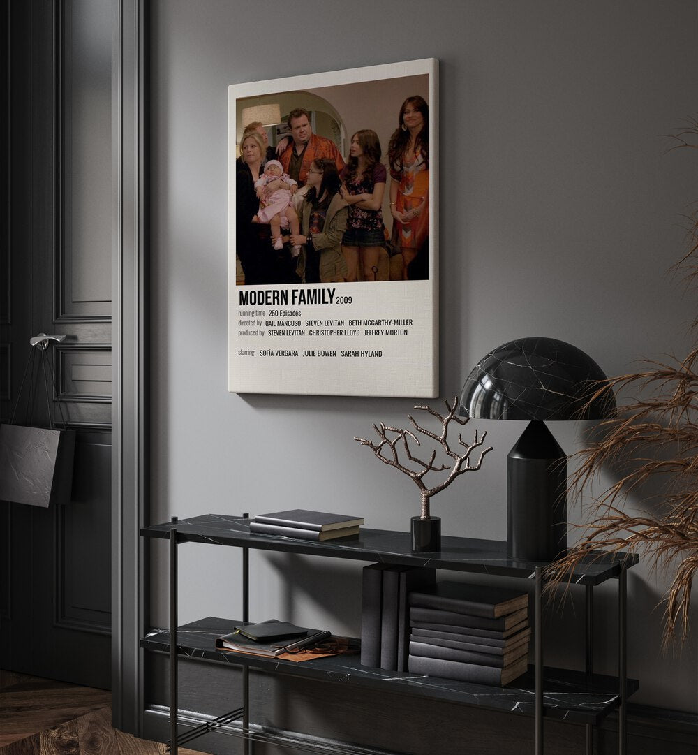 Modern Family 2009 Movie Posters in Gallery Wrap hanging on wall above console table beside door and window