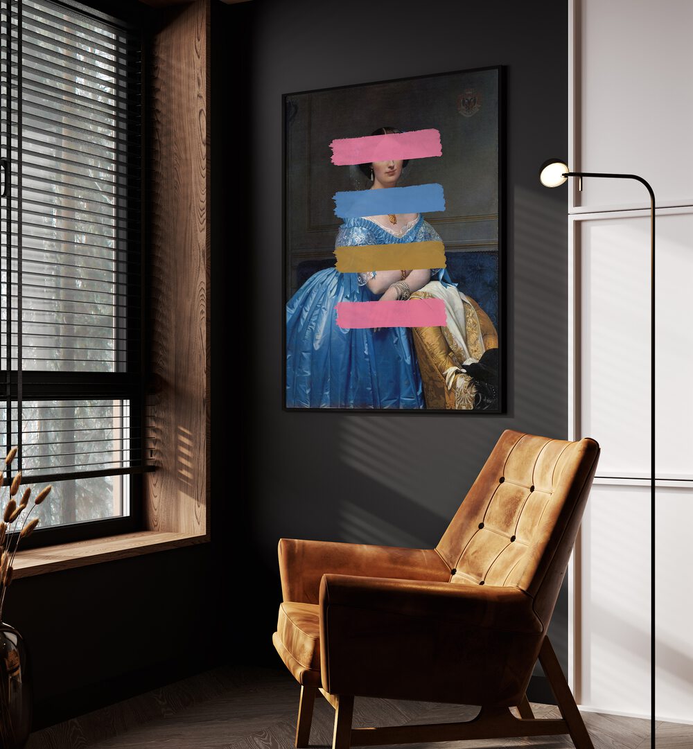 Modern Masterpiece by the Art Concept Altered Art Prints in Black Plain Frame placed on a wall beside an orange sofa and a window