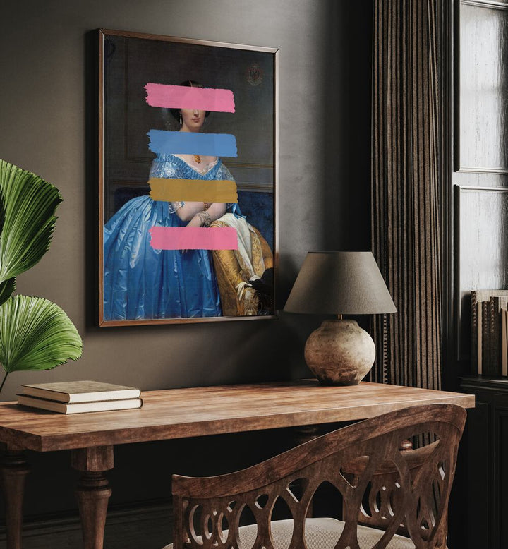 Modern Masterpiece by the Art Concept Altered Art Prints in Dark Wood Plain Frame placed on a wall behind a study table and beside a plant