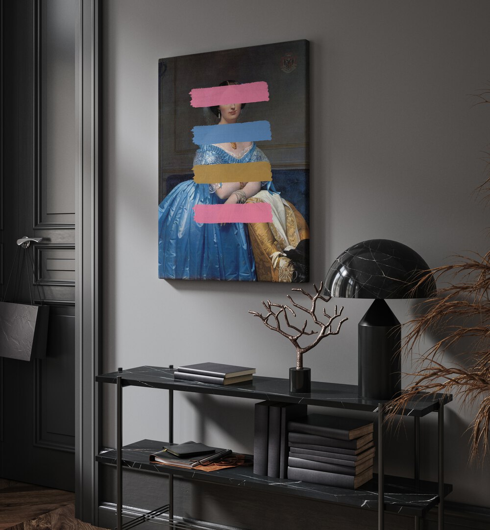 Modern Masterpiece by the Art Concept Altered Art Prints in Gallery Wrap placed on a wall behind a table and beside a door