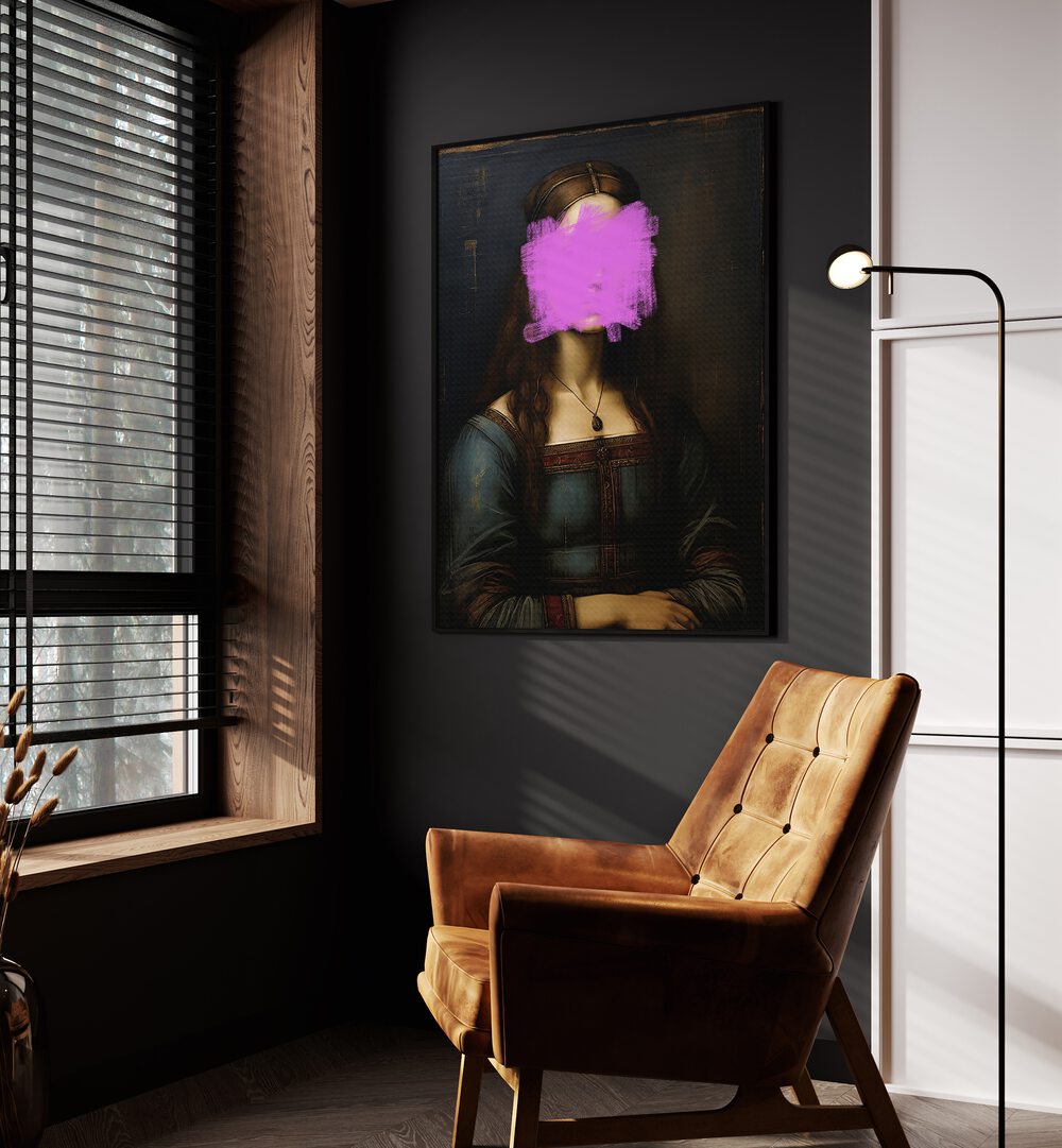 Modern Mona Lisa by the Art Concept Altered Art Prints in Black Plain Frame placed on a wall  beside an orange sofa