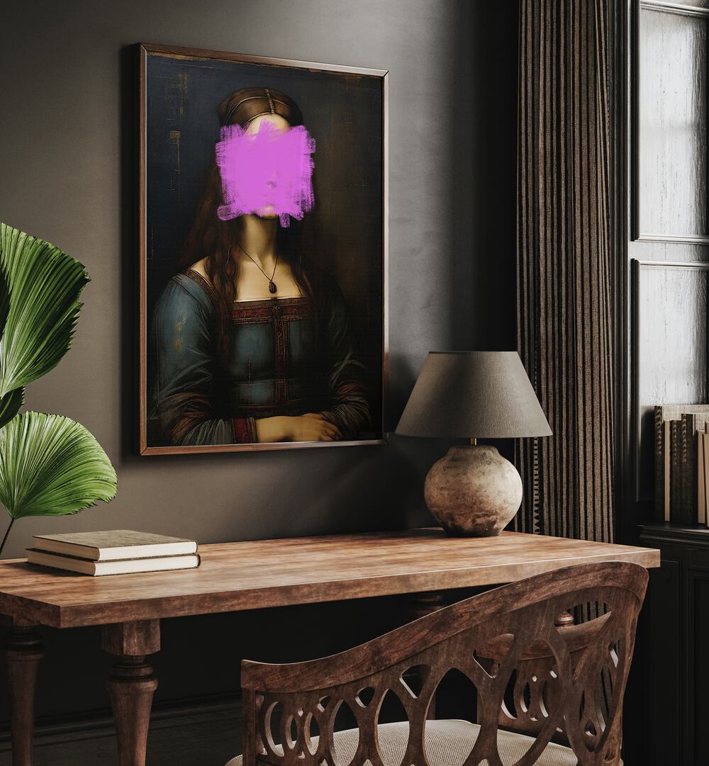 Modern Mona Lisa by the Art Concept Altered Art Prints in Dark Wood Plain Frame placed on a wall behind a study table