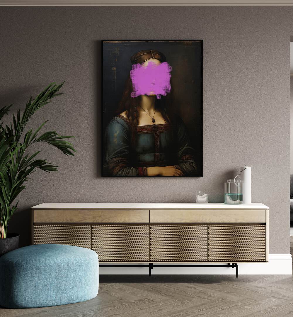 Modern Mona Lisa by the Art Concept Altered Art Prints in Black Plain Frame placed on a wall behind a console table