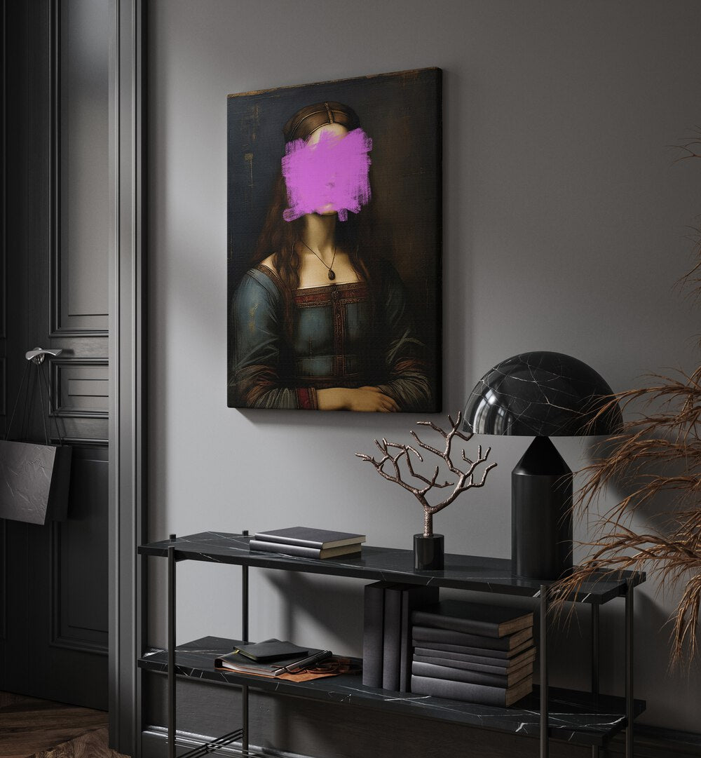 Modern Mona Lisa by the Art Concept Altered Art Prints in Gallery Wrap placed on a wall behind a table and beside a door