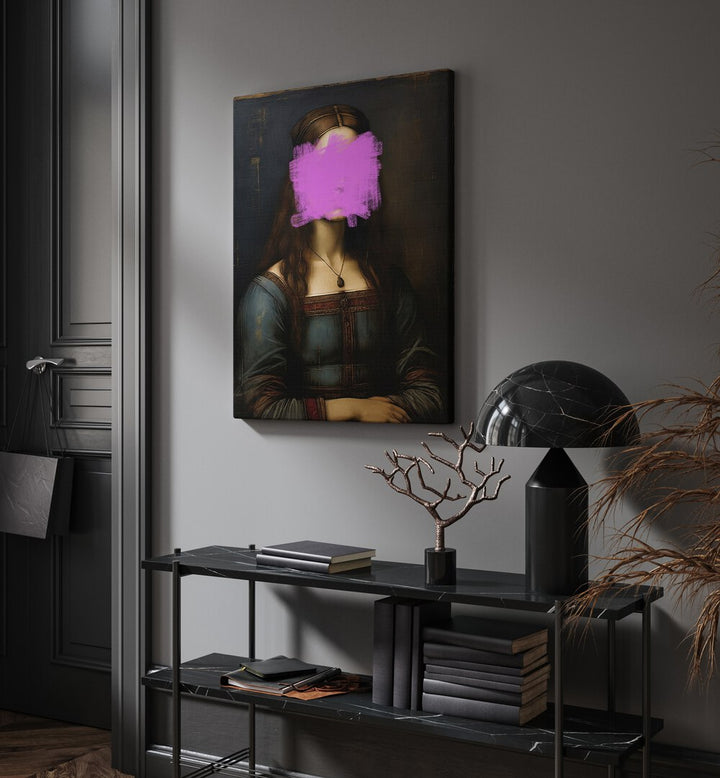 Modern Mona Lisa by the Art Concept Altered Art Prints in Gallery Wrap placed on a wall behind a table and beside a door