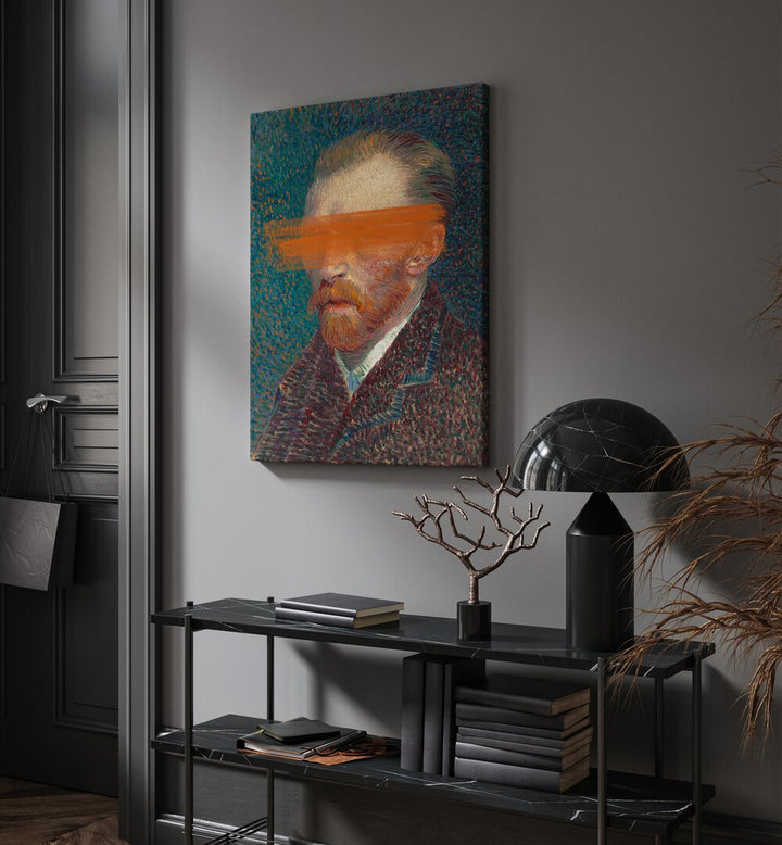 Modern Van Gogh by the Art Concept Altered Art Prints in Gallery Wrap placed on a wall behind a table and beside a door