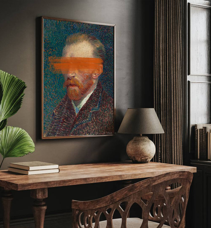 Modern Van Gogh by the Art Concept Altered Art Prints in Dark Wood Plain Frame placed on a wall behind a study table