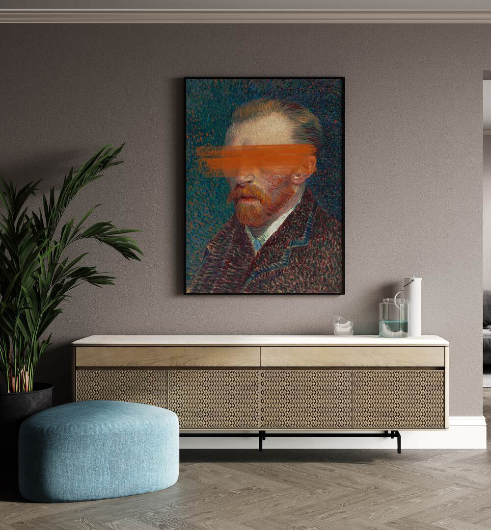 Modern Van Gogh by the Art Concept Altered Art Prints in Black Plain Frame placed on a wall behind a console table and beside a plant