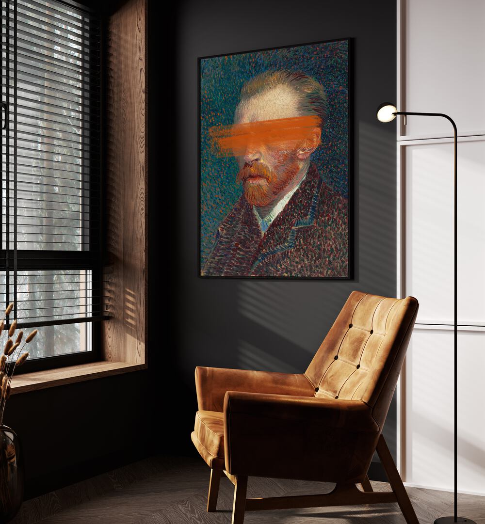 Modern Van Gogh by the Art Concept Altered Art Prints in Black Plain Frame placed on a wall beside an orange sofa and window