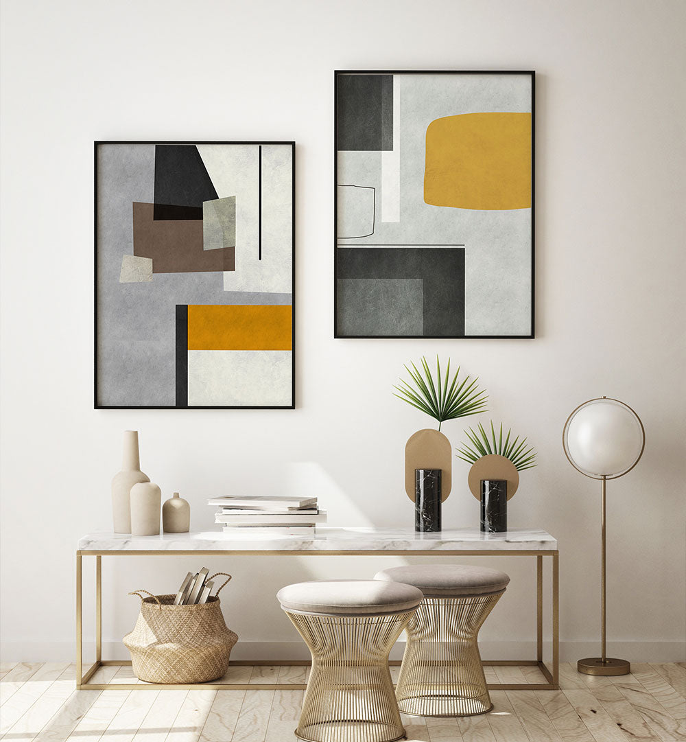 Modern interior design with abstract art, a console table, and decorative items.